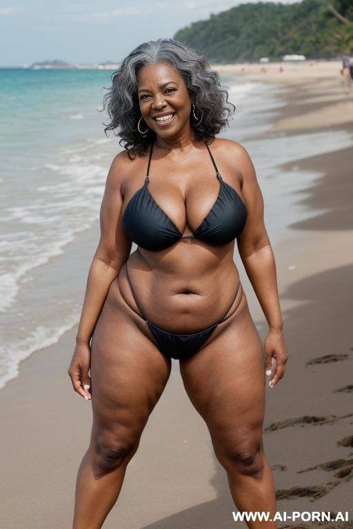 ebony granny, dressed in a bikini, standing in front, on a beach full of people, curvy, body, gray hair, bottomheavy, big, ass, huge, gigantic, thick, thighs, massive, full body shot - #main