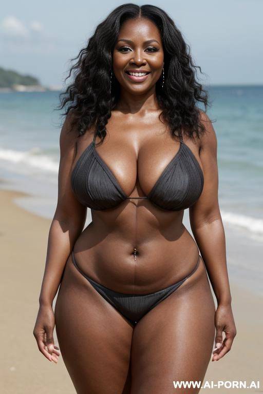 ebony granny, topless, standing in front, on a beach full of people, curvy, body, gray hair, bottomheavy, big, ass, huge, gigantic, thick, thighs, massive, full body shot - #main