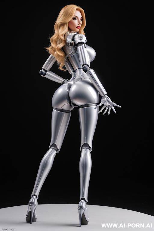 sexbot, back view, full body view, standing upright, sticking out the ass, hands on spaceship control desk, looking at viewer, beautiful seductive human face with tanned silicone skin, long - #main