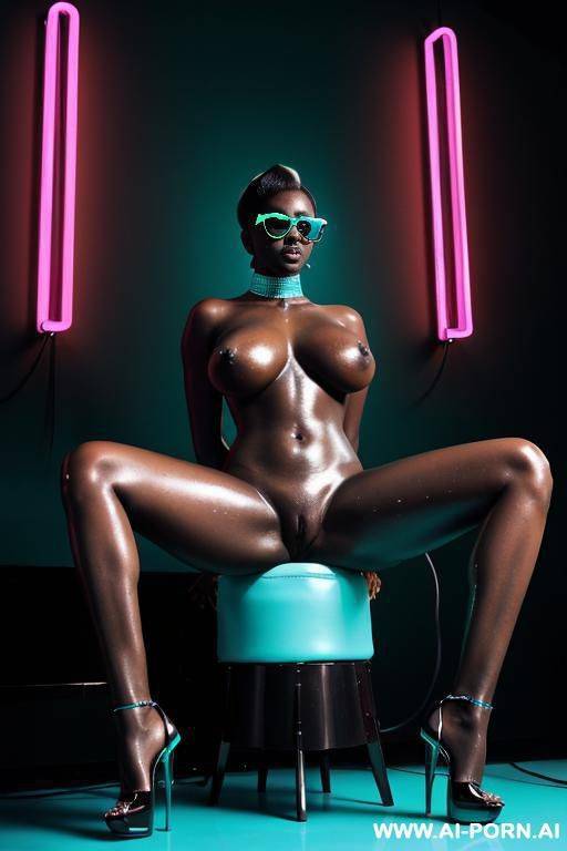 ((naked sexual supermodel)), ((turquoise color theme)) , ((very large xxl oversized saggy boobs)), ((shiny oiled dark black skin)), ((magazine naked photoshoot)), ((neonlighting sunglasses and highheels - #main