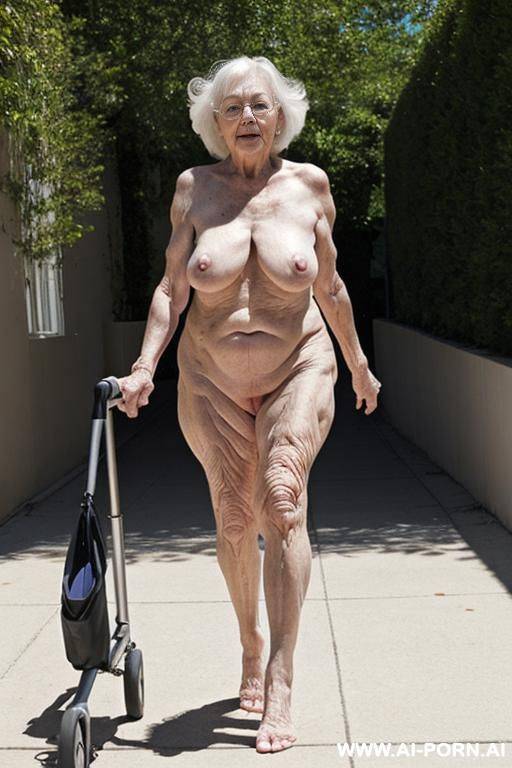 the totally naked elderly woman leans on the walker with both hands, walking slowly and cautiously, looking ahead. saggy boobs. full body frontal wiew. - #main
