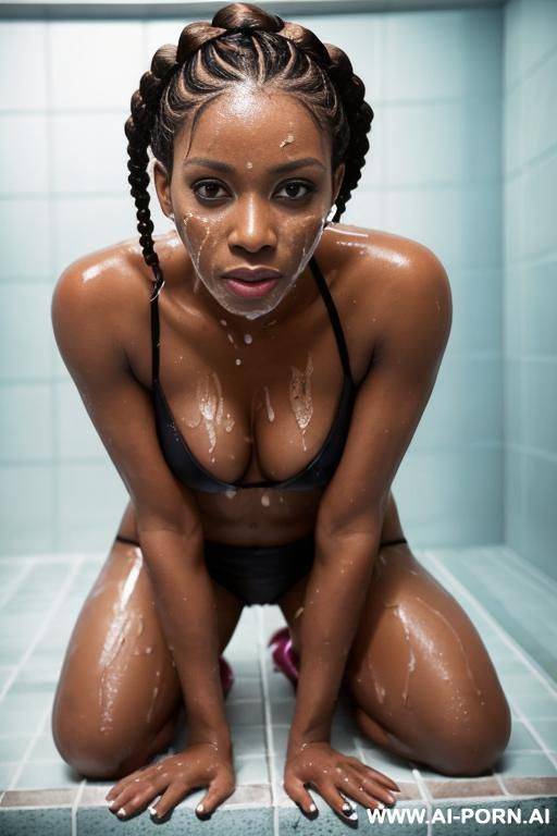 looking up with her tongue out, drained in a cumshot with braided hair - #main