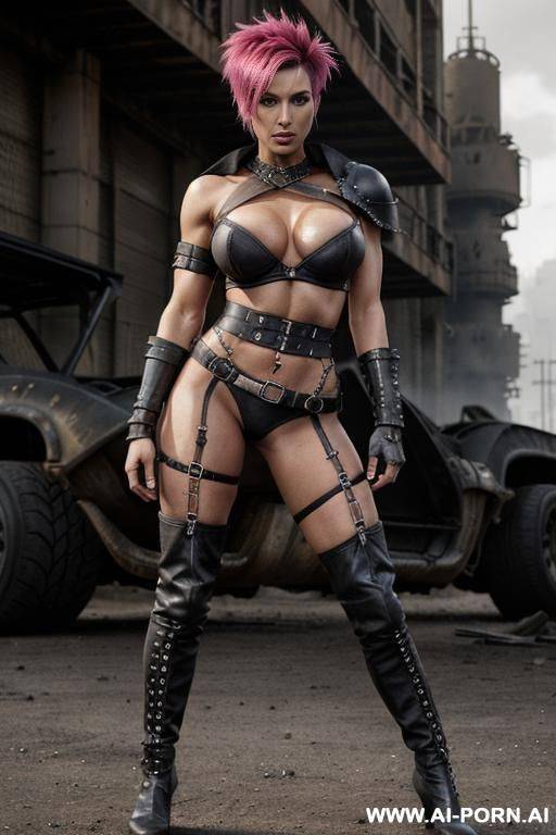 dark black woman. toned. bracelet, thigh chain. punk hairstyle with fully shaved sides. bulging oversized tits. leather shoulder pad. mad max. fallout. ruined city in background. holster. city ruins. torn black shoulder cloak. - #main