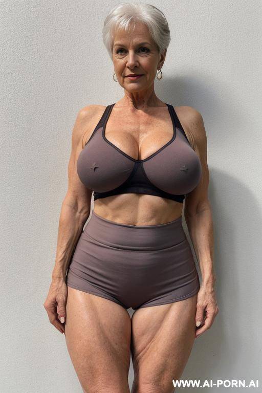 matured old milf, wrinkles, wrinkled skin, aging marks, tight shorts, tight shirt, extremely gigantic boobs, perfect eyes, waist shot - #main