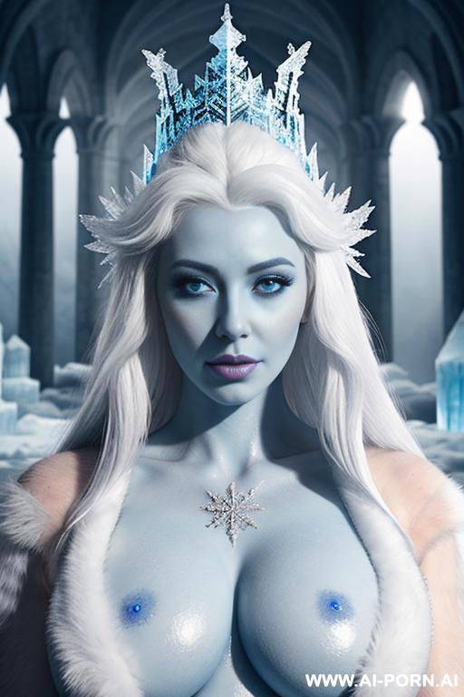 the snow queen, beautiful body, topless, white fur cloak, ((blue skin)), standing in palace of ice, ((ice castle)), ((beautiful face)) - #main