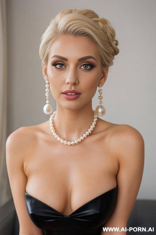 gorgeous face, pearl necklace, pearl earrings, massive teardrop boobs (big round ass), bending over, - #main