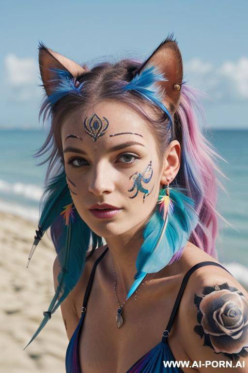 face, sexy, beautiful, ((face painting)), ((bikini as seashell)), ((tattoo roses)), ((eyes shw)), ((angel wings)), ((rainbow hair)), ((long bu hair)), ((wind)), (( cat face)), (( cat ears)), (((feather - #main