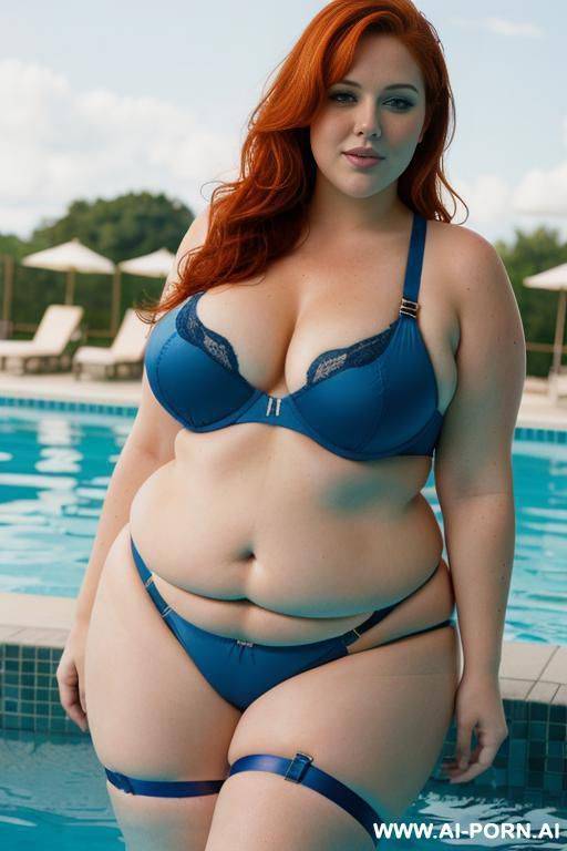 close up half body photo shot, about at morning on the pool swimming, a woman, very chubby fat bbw curvy ginger, with a lovehandless and tummy, wearing a sexy and hot garter belt lingerie bikini. - #main