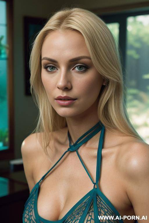 close-up portrait of woman with light blonde hair, a questioning expression. wearing a crisscross, teal-toned, sheer, patterned halter top revealing cleavage. living room with aquarium. - #main