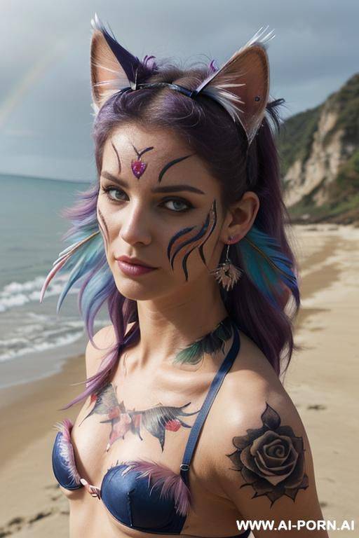 face, sexy, beautiful, ((face painting)), ((bikini as seashell)), ((tattoo roses)), ((eyes shw)), ((angel wings)), ((rainbow hair)), ((long bu hair)), ((wind)), (( cat face)), (( cat ears)), (((feather - #main
