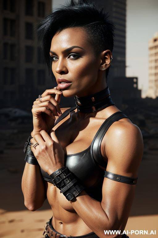 dark black woman. toned. bracelet, thigh chain. punk mohawk hairstyle with fully shaved sides. (bulging oversized breasts). leather shoulder pad. mad max. fallout. ruined city in background. holster. city ruins. very tanned skin. - #main