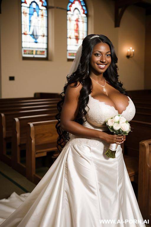 medium shot, softball athlete, ((((massive breasts)))), dark skinned, 20 year old, wearing a bridal gown, smiling, hourglass body, ((very long wavy hair)), standing in a wedding chapel - #main
