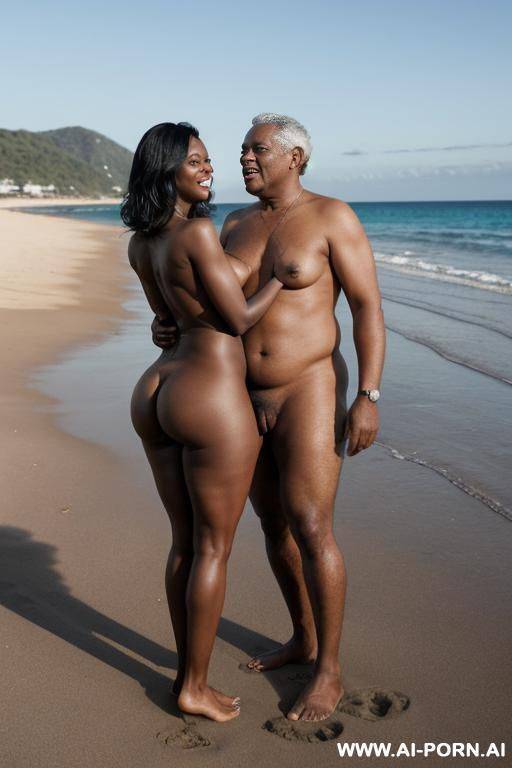 ebony woman, (((totally naked))), (((topless))), standing in front, on a beach, (((standing with her husband))), curvy, body, gray hair, bottomheavy, big, ass, massive, woman, pov, embarressed, view from behind - #main
