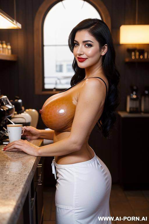 bimbo, in sauna, short perfect curvy hourglass bombshell body, ((large massive enormous heavy oversized saggy hanging perky pointy boobs)), black hair, grey eyes, eye contact, facing viewer, seductive, - #main