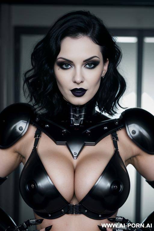 vampire teeth, black lipstick, goth with massive breasts, topless, robot huge tits, robot arms, robot legs, - #main