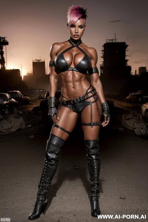 dark black woman. toned. bracelet, thigh chain. punk mohawk hairstyle with fully shaved sides. bulging oversized tits. leather shoulder pad. mad max. fallout. ruined city in background. holster. city ruins. very tanned skin. - #main