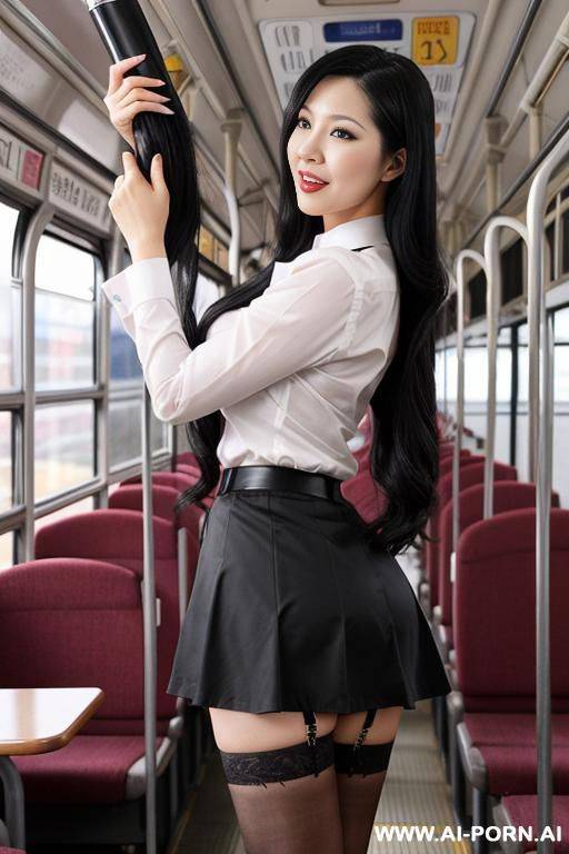 woman japanese big boobs long black hair 30 year old secretary stockings skirt up standing hands up glued with the tube in the bus view in the profile - #main