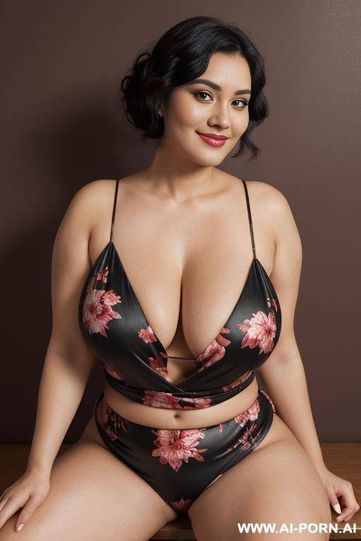 (wide chest and wide waist), (busty), (beautiful wide face), (round chin), bimbo, toned plump body ((full body view)), sitting on table, leaning back on red wall with floral prints, - #main