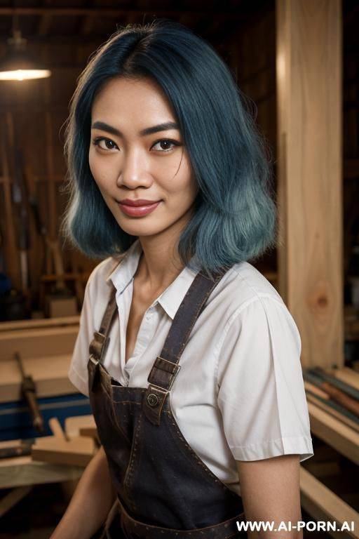 a mixed heritage female (filipino-american), sapphire blue hair with natural dark brown roots, one green eye and one icy blue eye, faint scar on right eyebrow, d cheeks, gap between upper - #main