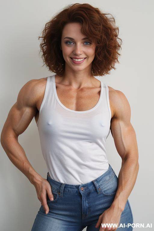 upper body view, curly hair, white shirt, blue jeans, eye contact, perky gaze, bright eyes, short hair, skin imperfections, ((muscles)), (biceps), bodybuilder - #main