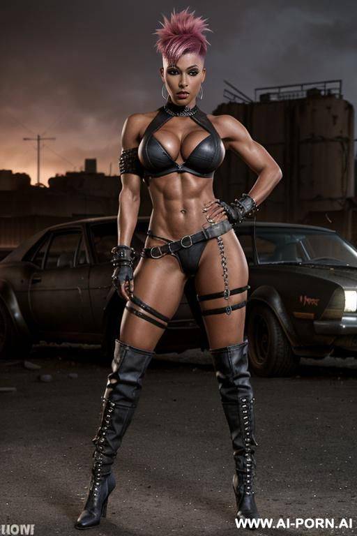dark black woman. toned. bracelet, thigh chain. punk mohawk hairstyle with fully shaved sides. bulging oversized tits. leather shoulder pad. mad max. fallout. ruined city in background. holster. city ruins. very tanned skin. - #main