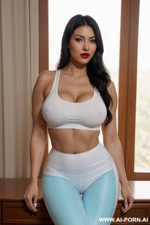 native american female , 20s, straight black hair, tone body, hourglass shape, large breast, extra large hard nipples, firm butt, green eye, red lips, wearing white leggings with camel toe and light blue tanktop - #main
