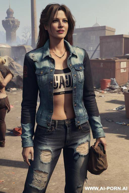 a homeless woman is wearing worn and bleached out, ripped pants and an old jeans jacket. she has long, messy brown hair. there ist lot of trash around. - #main