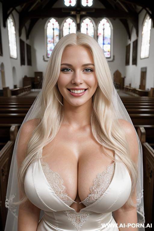 ((full shot)), 20 year old, supermodel, smiling, ((massive sagging breasts)), (very long fluffy platinum blonde hair), standing in a church, wearing an intricate wedding dress, showing cleavage - #main