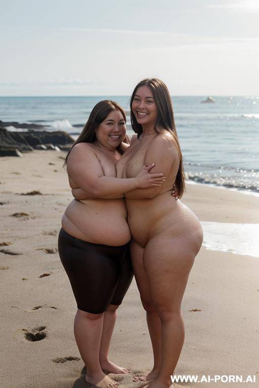 ((full body shot)), ((looking at camera)), ((fit man)), beach festival, summer party, a fat bbw chubby shorty filipina is hugging with a handsome fit american man. the woman is sitting. the man - #main