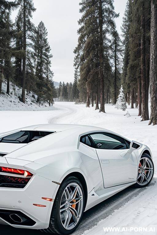 woman, skin, white pants, white crown, white hair, white dress, white eyebrows, white eyelashes, in the background a white lamborghini huracan, forest, winter - #main