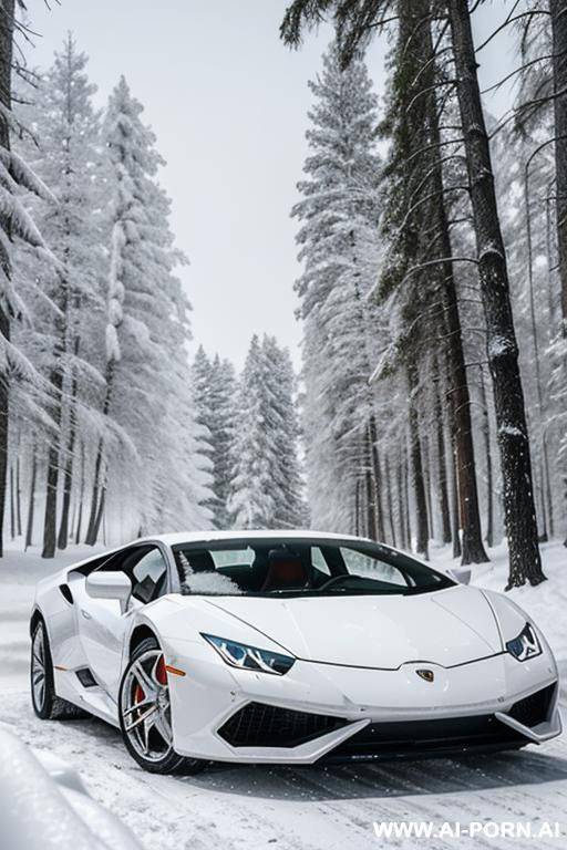 snow queen in white in a battle with white hair, in the background a white lamborghini huracan, forest, winter - #main