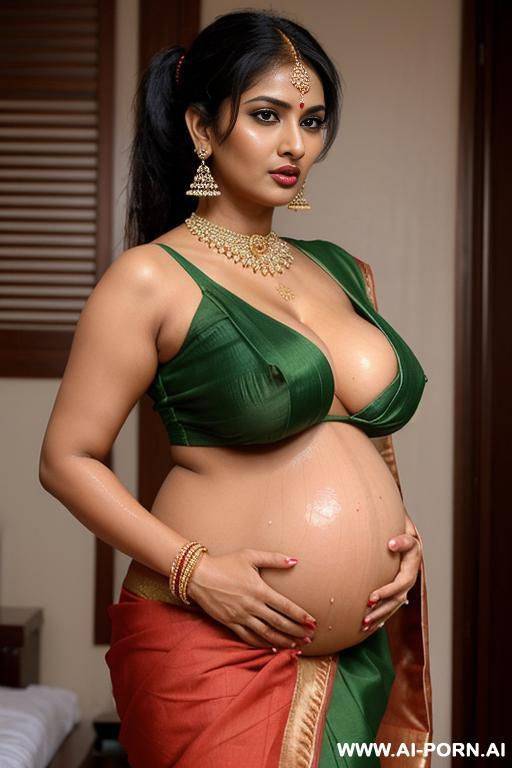 sexy, seductive, indian milf mom, pregnant, (wearing sari), visible cleavage and nipples, saggy and rounded boobs, sexy and beautiful body, beautiful face, short hairstyle, ponytail, side bangs, - #main