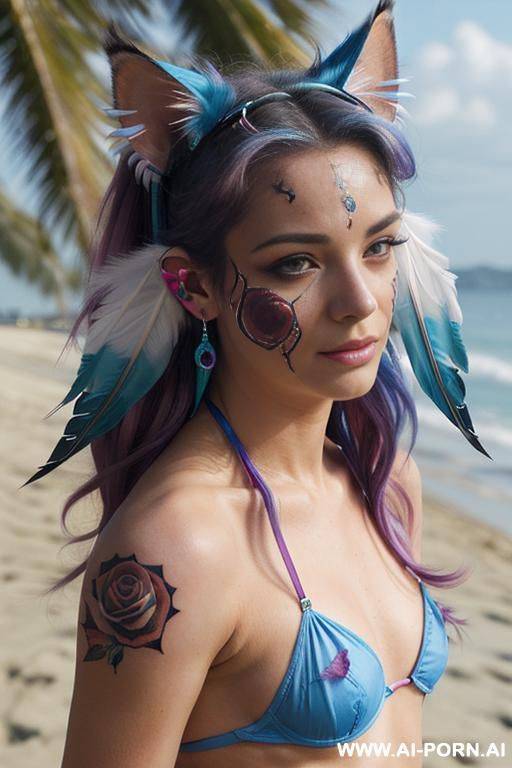 face, sexy, beautiful, ((face painting)), ((bikini as seashell)), ((tattoo roses)), ((eyes shw)), ((angel wings)), ((rainbow hair)), ((long bu hair)), ((wind)), (( cat face)), (( cat ears)), (((feather - #main