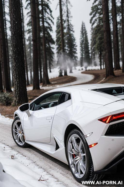 woman, skin, white pants, white crown, white hair, white dress, white eyebrows, white eyelashes, in the background a white lamborghini huracan, forest, winter - #main