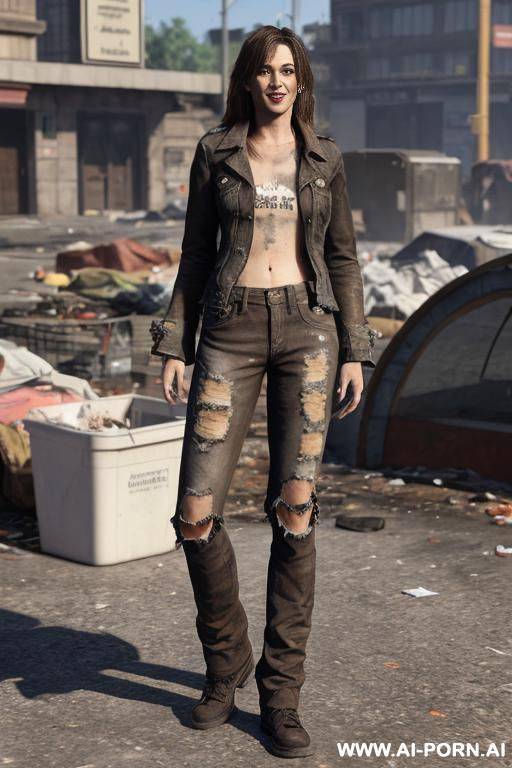 a homeless woman is wearing worn and bleached out, ripped pants and an old jeans jacket. she has long, messy brown hair. there ist lot of trash around. - #main