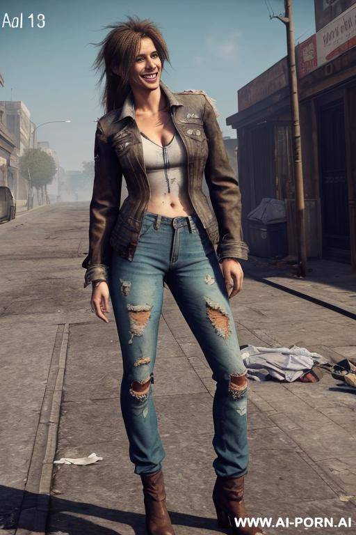 a homeless woman is wearing worn and bleached out, ripped pants and an old jeans jacket. she has long, messy brown hair. there ist lot of trash around. - #main