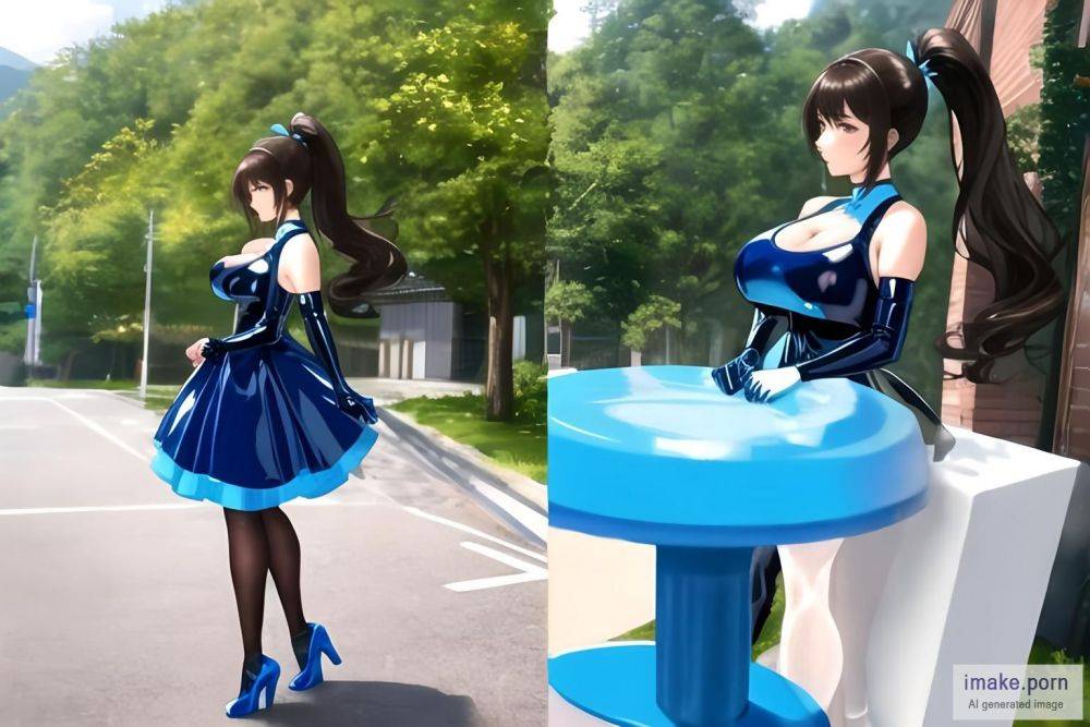 Blue tights latex dress , ponytail hair brunette, fake big... - #main