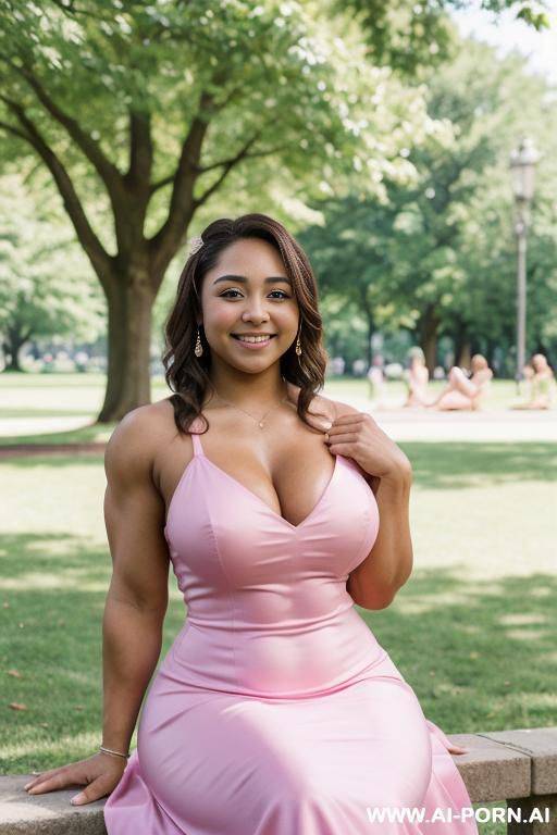looking at the camera, short, gymnast, (((thick arm muscles))), model, 20 years old, smiling, sitting in the park in summer wearing a pink prom dress, showing cleavage - #main