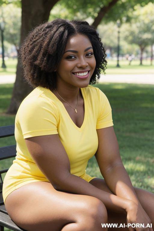 looking at the camera, dark skinned, short, gymnast, thick arm muscles, model, 20 years old, smiling, sitting in the park in summer wearing a yellow short sleeve - #main