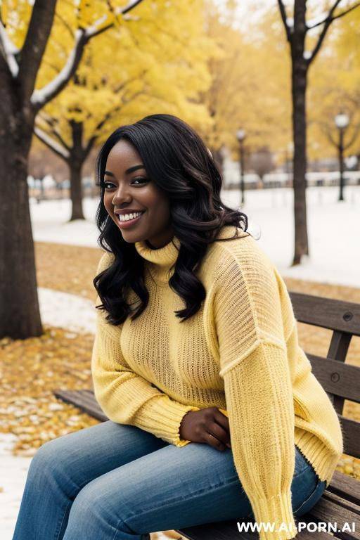 plump, dark skinned, model, 20 years old, smiling, sitting in the park in winter wearing a yellow sweater - #main
