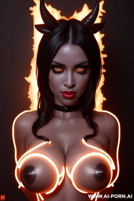 hot sexy seductive horny demon, demonic, horns, ((coal black skin)), ((glowing eyes)), perfect body, perfect boobs, ((plump lips, oversized lips)), fire background, eye contact - #main