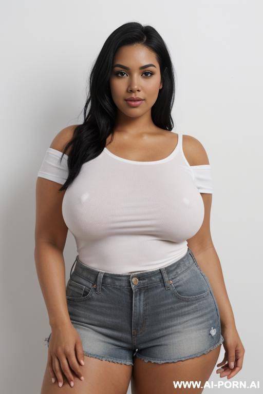 very realistic and perfect picture, (beautiful black hair), ((short and curvy body)), standing in front of a white plaster wall, very attractive curvy woman, body, white skin, black hair, thick - #main
