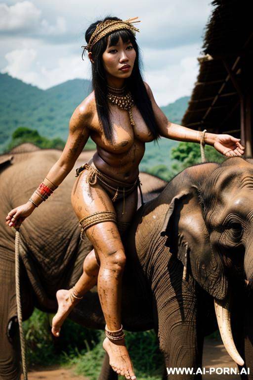 thai tribe costume​ realistic​ woman​, flash​ pussy​, mount​ain​, vintage, dirty ​mud, rope, elephant​ farm, age-defying looks, - #main
