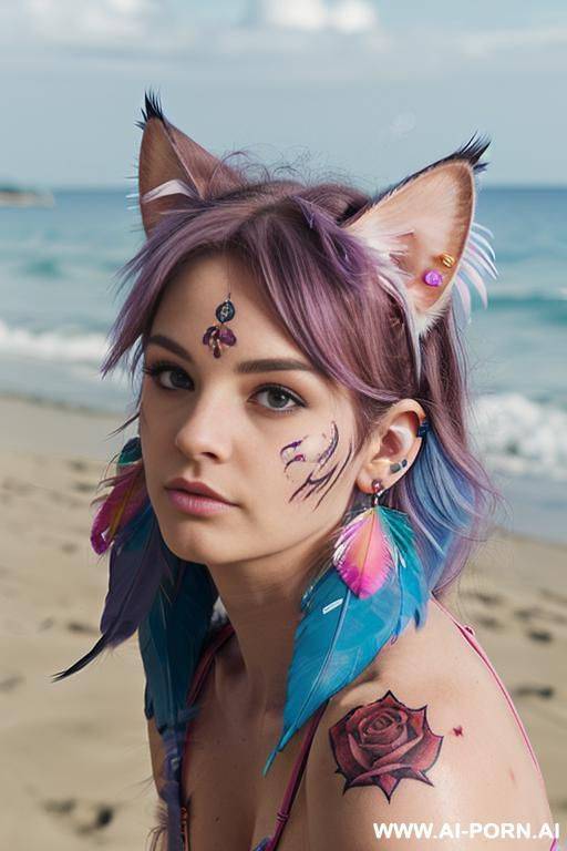 face, sexy, beautiful, ((face painting)), ((bikini as seashell)), ((tattoo roses)), ((eyes shw)), ((angel wings)), ((rainbow hair)), ((rose hair) ((long bu hair)), ((wind)), (( cat face)), (( cat - #main