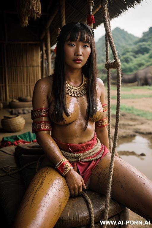 hmong​ tribe costume​ realistic​ woman​, flash​ pussy​, mount​ain​, vintage, dirty ​mud, rope, elephant​ farm, age-defying looks, dagger - #main