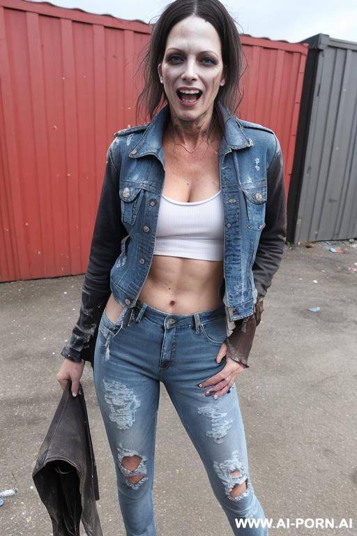 a punk woman is wearing worn and bleached out, ripped and light blue pants and an old jeans jacket. she has long, messy brown hair. there ist lot of trash around. - #main