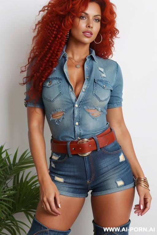 tanned woman dressed in short ripped denim shorts, knee-high boots, polo shirt, red curly hair, pumped up thighs, spanking belt hold in hand - #main