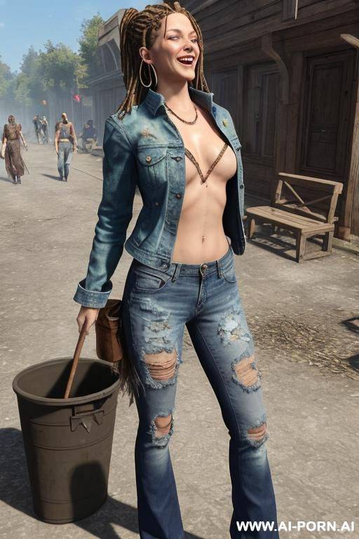 a woman with dreadlocks is wearing worn and bleached out, ripped and light blue pants and an old jeans jacket. she has long, messy brown hair. there ist lot of trash around. - #main