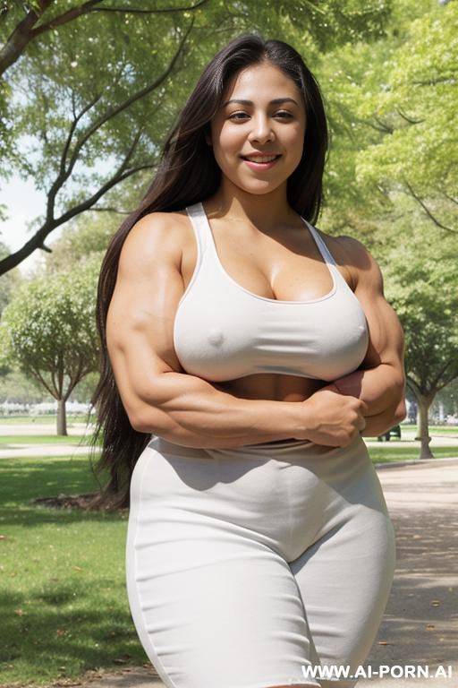medium shot, ((((thick arm muscles)))), 20 year old, standing in a park, smiling, wearing a sleeveless outfit, massive breasts - #main