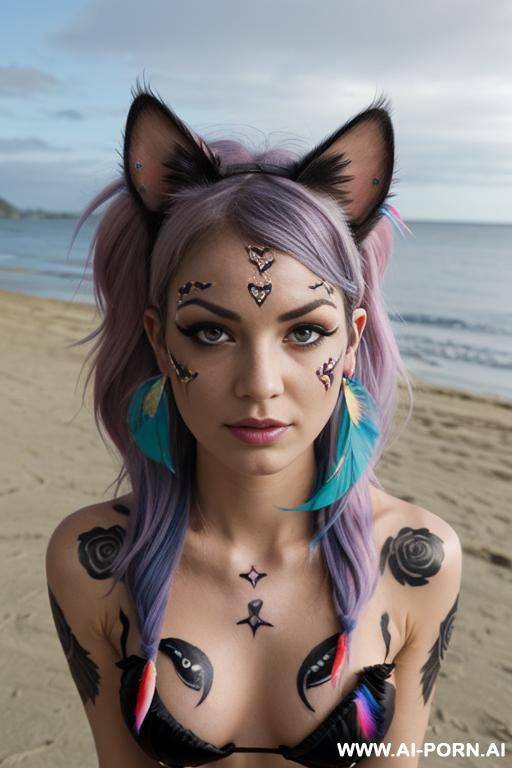 face, sexy, beautiful, ((face painting)), ((bikini as seashell)), ((tattoo roses)), ((eyes shw)), ((angel wings)), ((rainbow hair)), ((long bu hair)), ((wind)), (( cat face)), (( cat ears)), (((feather - #main
